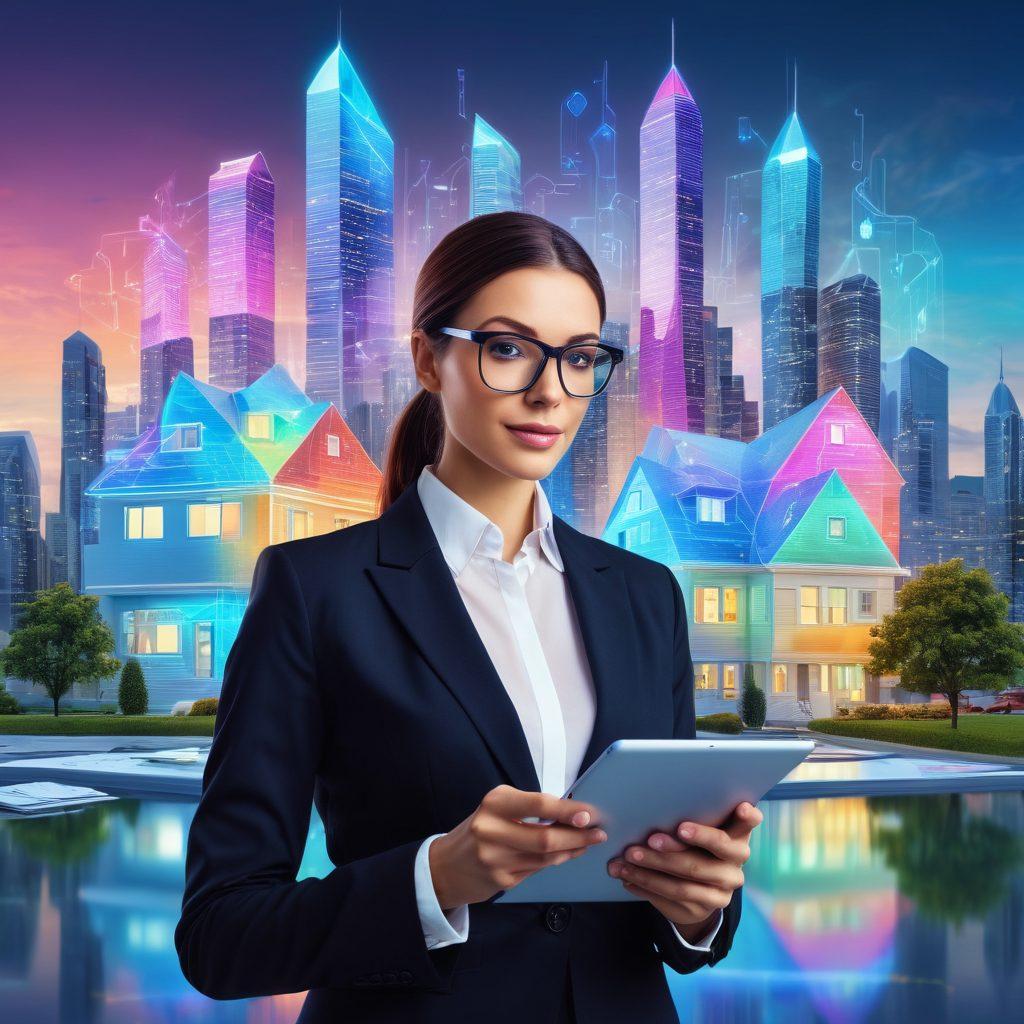 A modern real estate agent holding a digital tablet, surrounded by holographic house listings and documents flying around, symbolizing the transition from traditional to digital. The background shows a futuristic cityscape. super-realistic. vibrant colors.