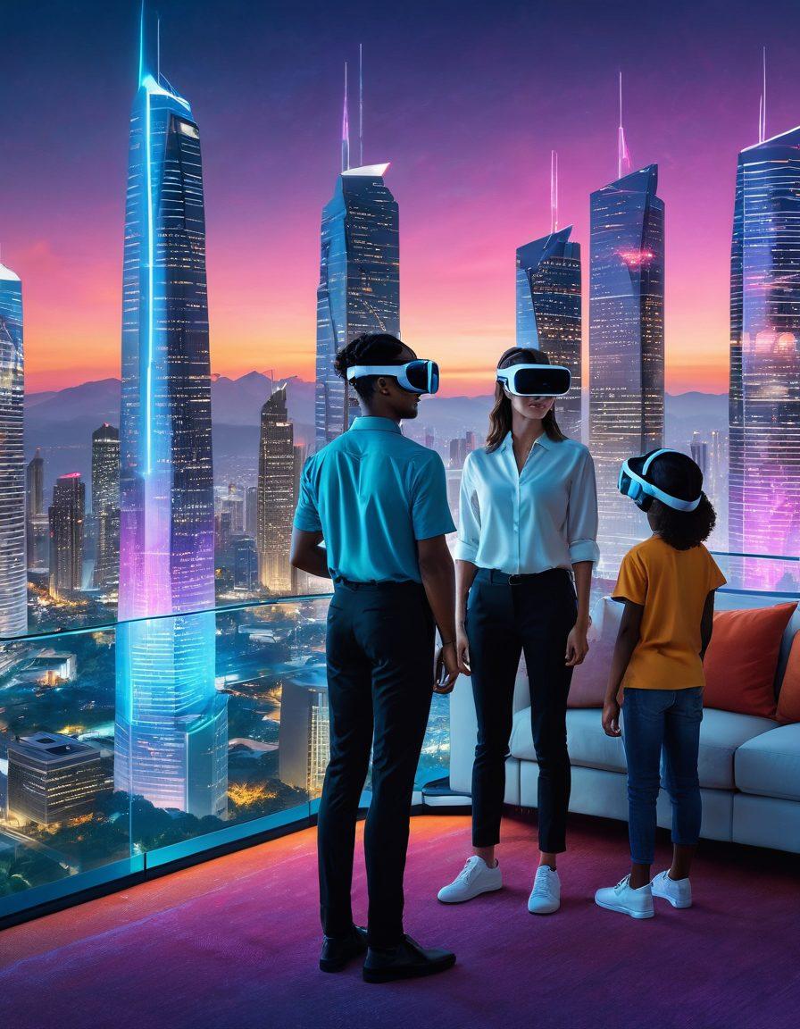 A futuristic cityscape with sleek skyscrapers and modern homes, where homes are connected digitally through an advanced network. A family uses a virtual reality headset to explore a home, while a real estate agent communicates through a holographic interface. Highlight seamless integration between technology and real estate. Super-realistic. Vibrant colors. Tech-savvy vibe.