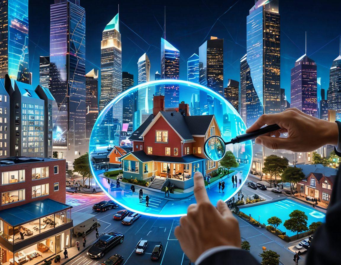 A futuristic cityscape with holographic real estate listings floating in the air, a diverse group of people using laptops, tablets, and smartphones to explore properties; a magnifying glass effect revealing a house plan in vivid detail. super-realistic. vibrant colors. tech-inspired. modern urban background.